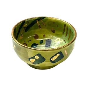 Lime Green Abstract Pottery Snack Bowl with Genuine Gold Accents